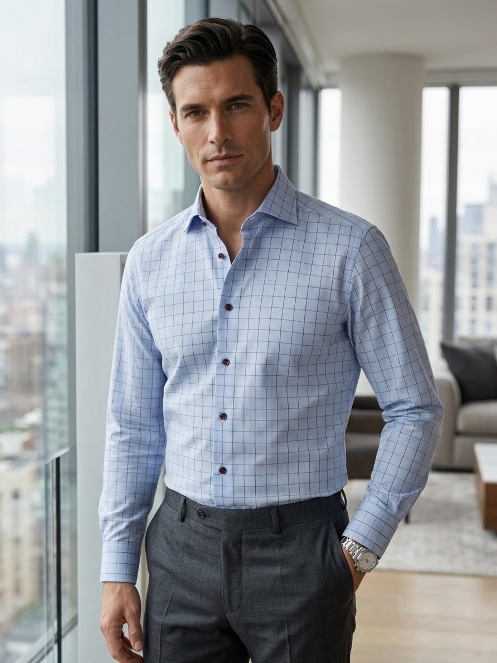 Eton Light Blue Windowpane Dress Shirt with Subtle Navy Grid